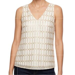 White House Black Market ellipses Jacquard silk white gold metallic top size M